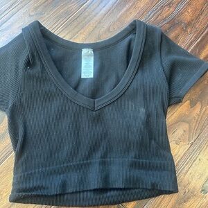 Black Ribbed V-Neck Crop Top - Women's Classic Fit
